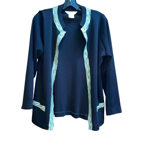 Exclusively Misook Cardigan M Black/Green Trim Long Sleeve Open Front Cardigan` - Picture 2 of 8